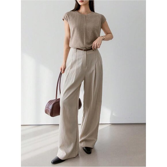 Women's Sweater Knit Casual Pullover Short Sleeve Crew Neck Light Brown - Picture 5 of 5